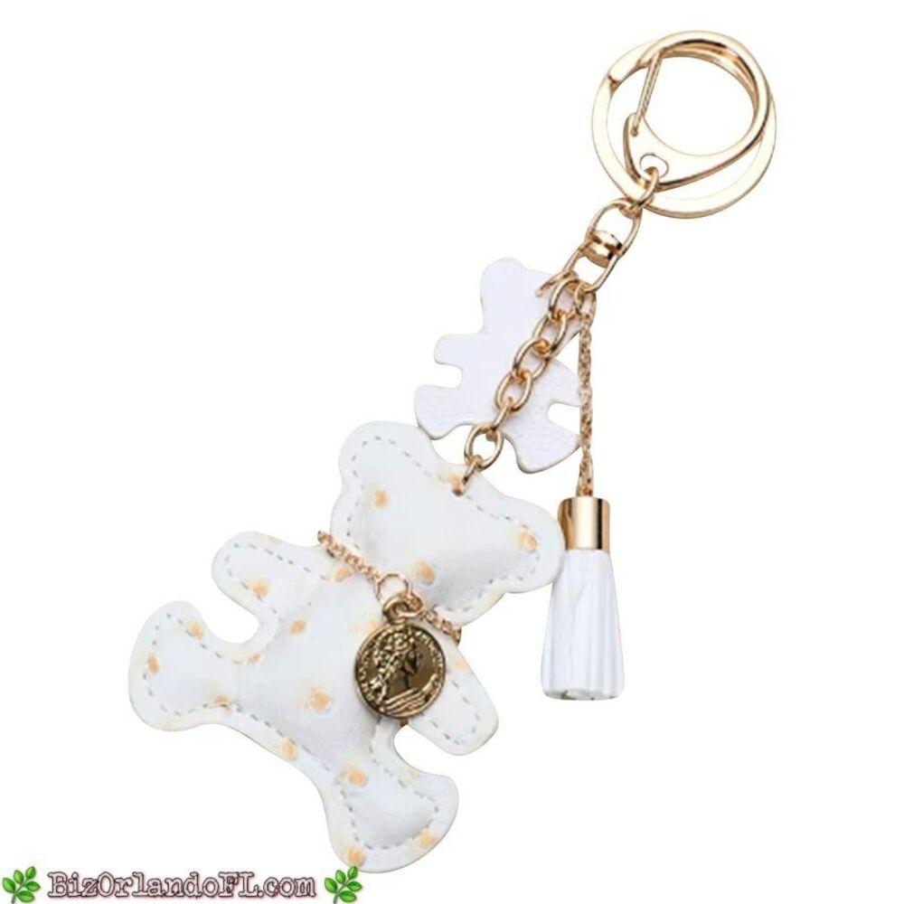 Malibu Sugar Faux Leather Teddy Bear Keychain Bag Charm – Winter White
